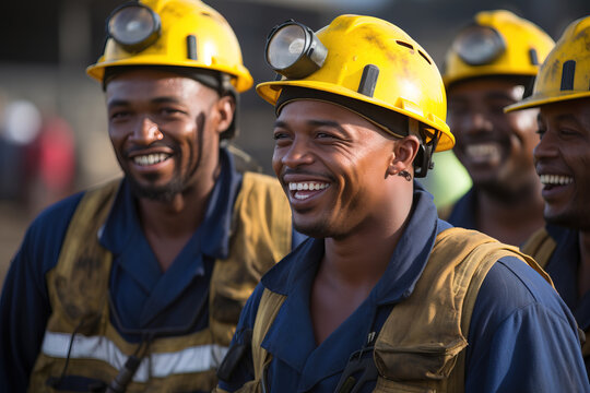 Artisanal miners wearing safety helmets