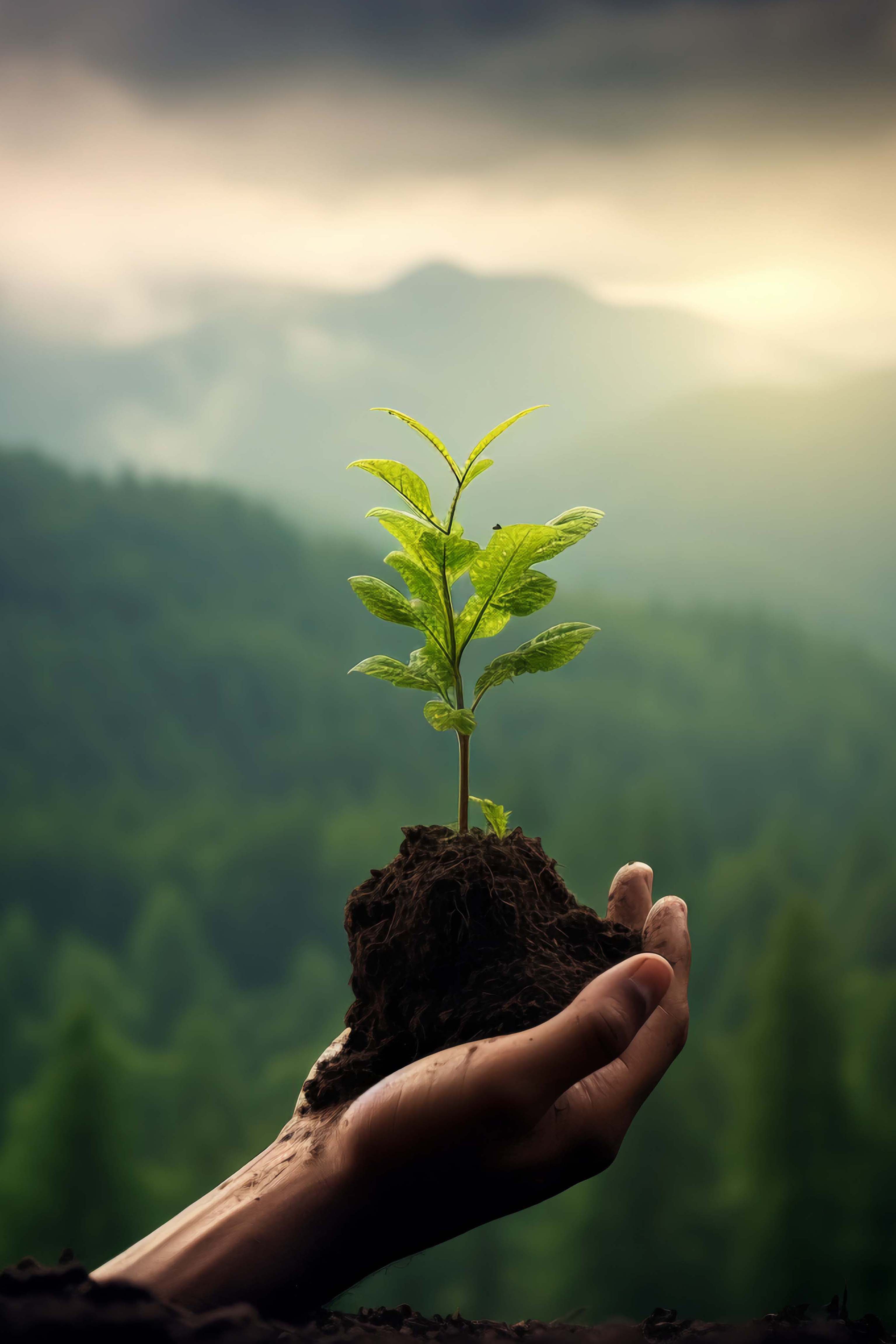A hand holding soil and a young green plant